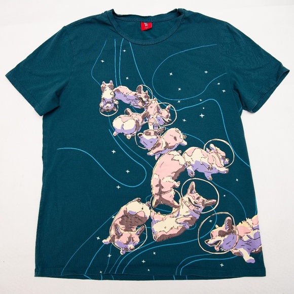 BiBi Sama Corgi Dogs in Space T Shirt Crew Neck Sz Large NWOT! Funny Funky Dogs - Picture 1 of 5